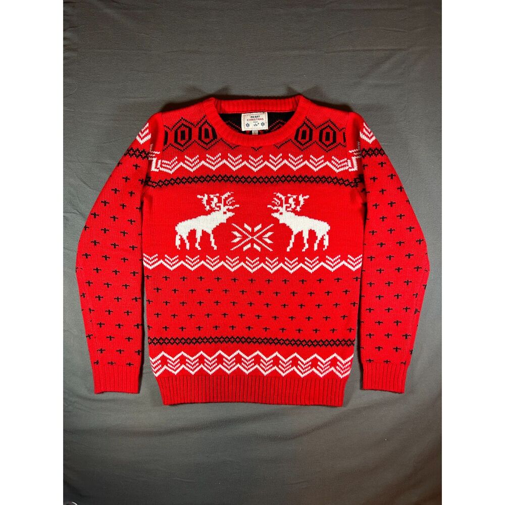 Ugly Christmas Sweater Women L Red Reindeer Moose Fair Isle V28 Knit Pullover